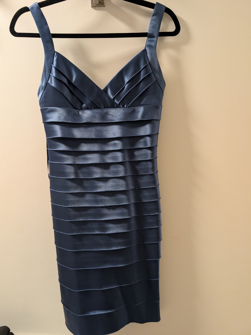 BCBGMaxAzria Steel Blue Satin Tiered Midi Dress